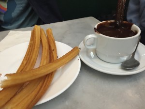 Hot churros and hot chocolate at the famous Chocolateria San Gines.